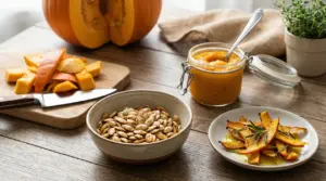 Semi di zucca tostati, bucce cotte e purea su un tavolo con zucca tagliata