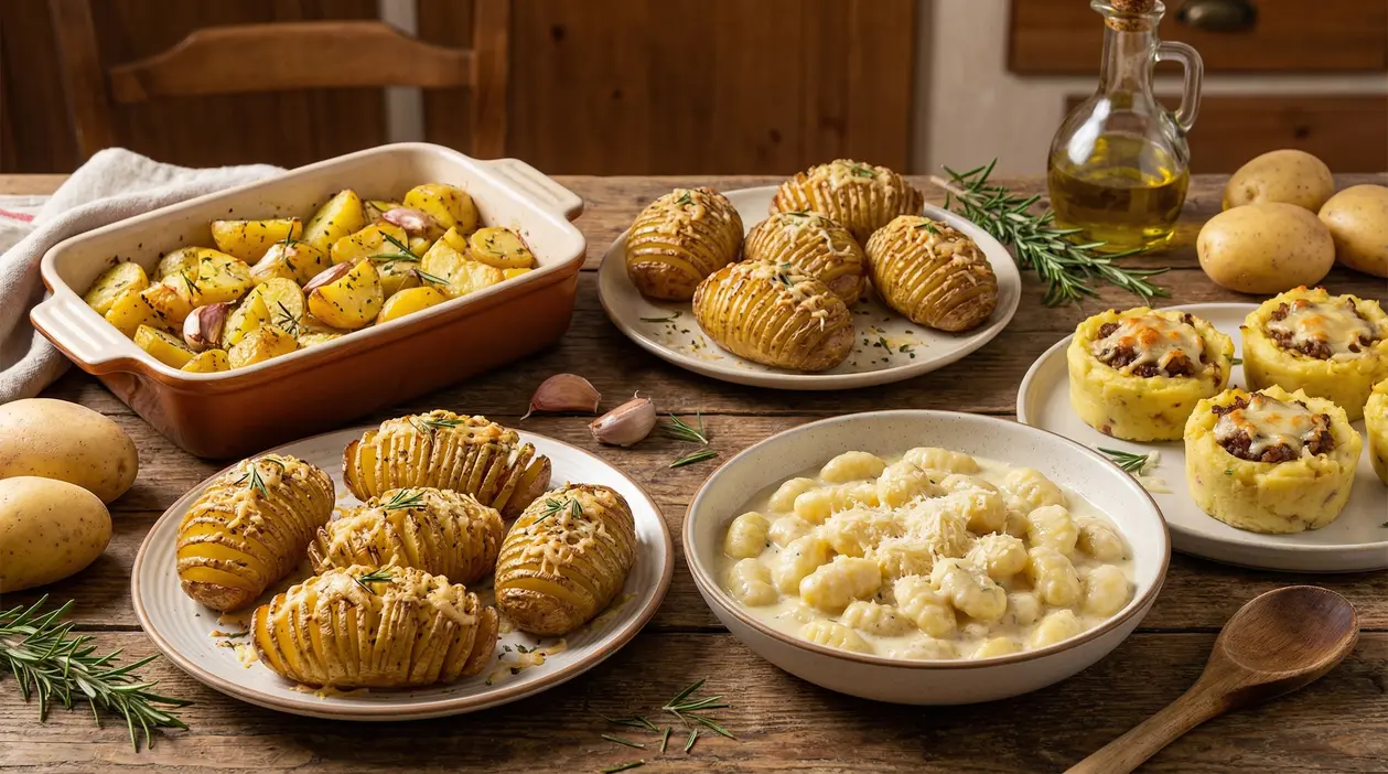 Varietà di piatti a base di patate su un tavolo rustico in legno