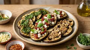 Piatto di melanzane grigliate condite con erbe, formaggio, pomodori secchi e pinoli