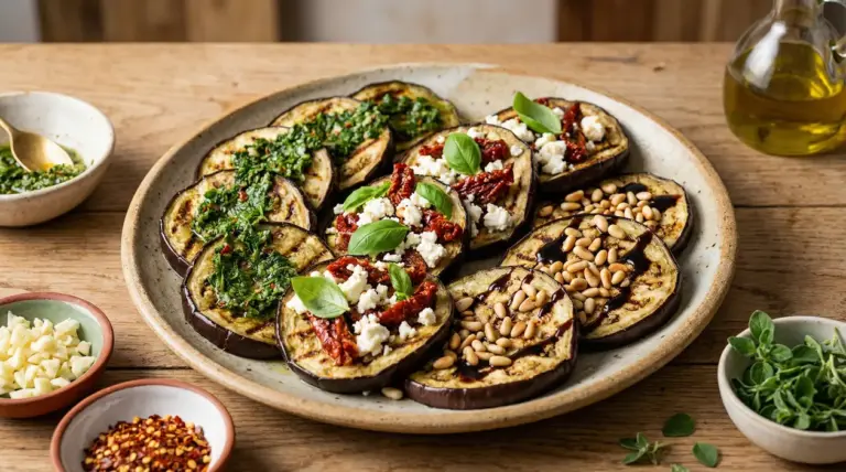 Piatto di melanzane grigliate condite con erbe, formaggio, pomodori secchi e pinoli
