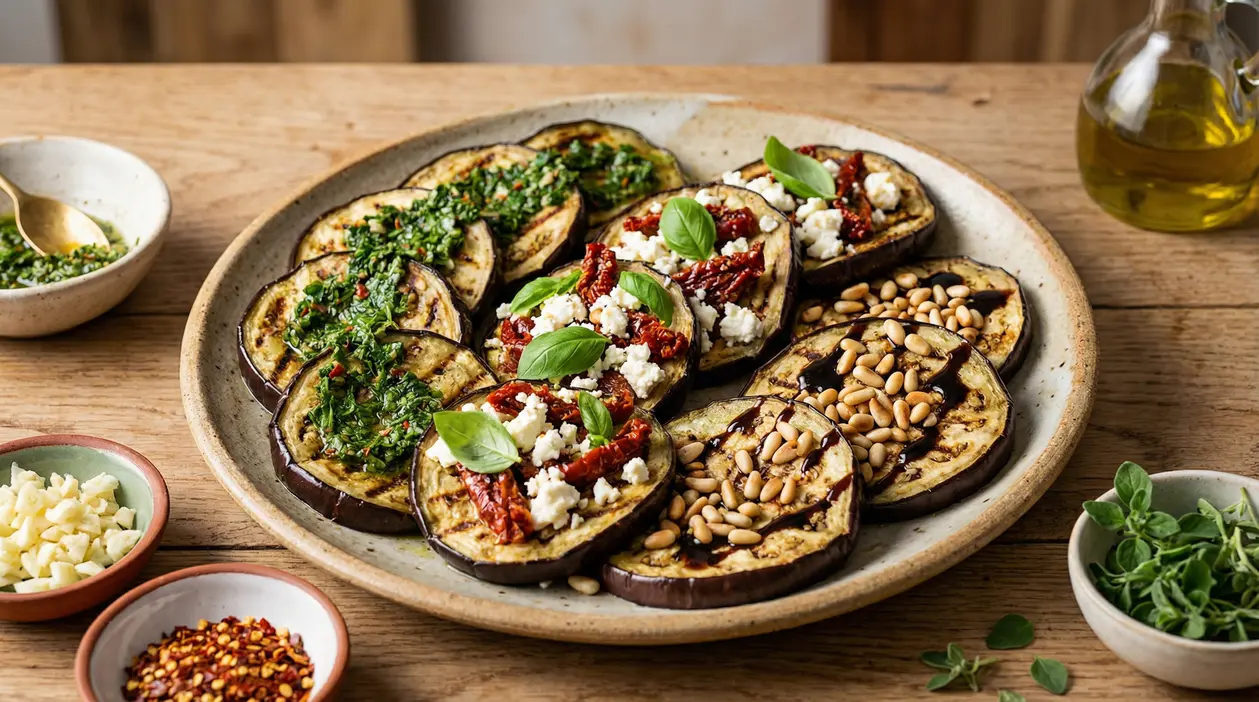 Piatto di melanzane grigliate condite con erbe, formaggio, pomodori secchi e pinoli
