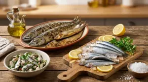 Pesce azzurro assortito con sardine, sgombro e alici, servito con limone, prezzemolo e olio d'oliva