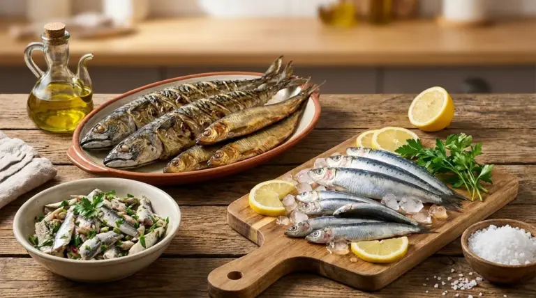 Pesce azzurro assortito con sardine, sgombro e alici, servito con limone, prezzemolo e olio d'oliva