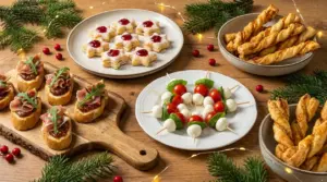 Stuzzichini natalizi assortiti su tavola in legno: crostini, spiedini caprese, salatini e biscotti a stella