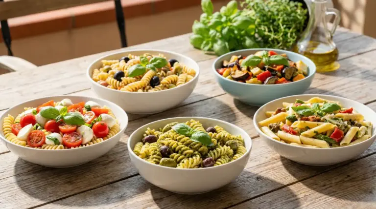 Cinque ciotole di pasta fredda estiva con verdure, pomodorini, pesto e mozzarella su un tavolo di legno.