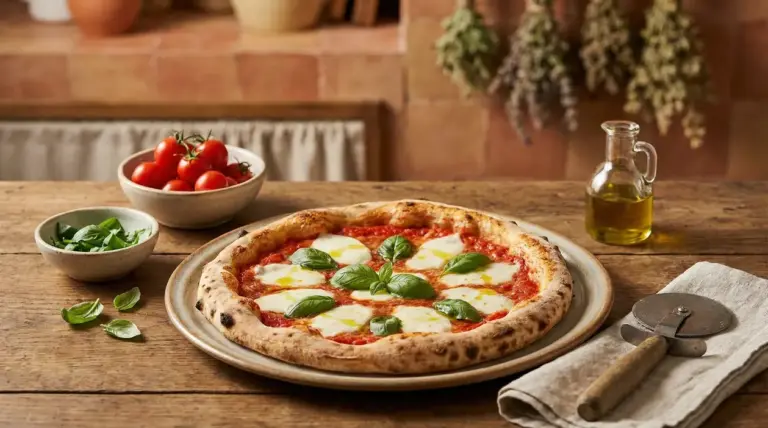 Pizza margherita con mozzarella e basilico su tavolo rustico, con pomodorini, olio extravergine e rotella tagliapizza