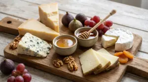 Selezione di formaggi con miele, frutta secca e fresca su tagliere di legno