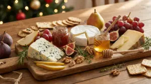 Tagliere natalizio con formaggi, miele, marmellata, fichi, pere, uva, noci e crackers su tavolo in legno