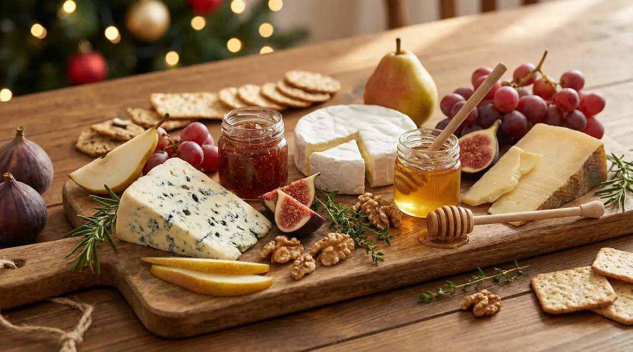 Tagliere natalizio con formaggi, miele, marmellata, fichi, pere, uva, noci e crackers su tavolo in legno