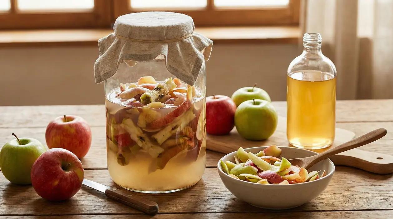Barattolo con bucce e torsoli di mela in fermentazione e bottiglia di aceto di mele su tavolo di legno