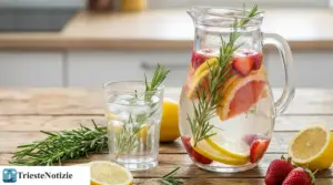 Caraffa e bicchiere di acqua aromatizzata al rosmarino con limone, agrumi e fragole su tavolo di legno