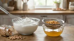 Ciotole con ceci scolati, liquido di cottura e composto montato in una cucina