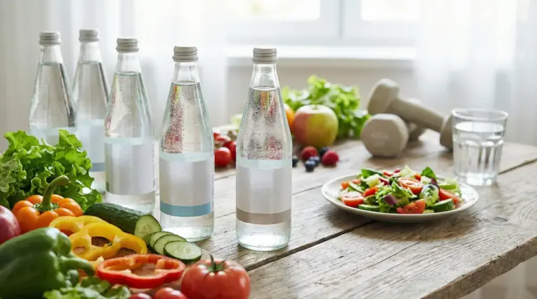 Bottiglie d'acqua su un tavolo con verdure fresche e un'insalata
