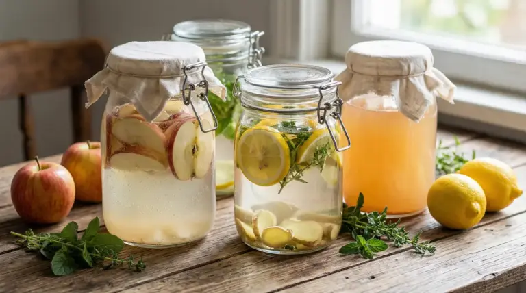 Barattoli di vetro con acqua fermentata a base di frutta e erbe su un tavolo di legno