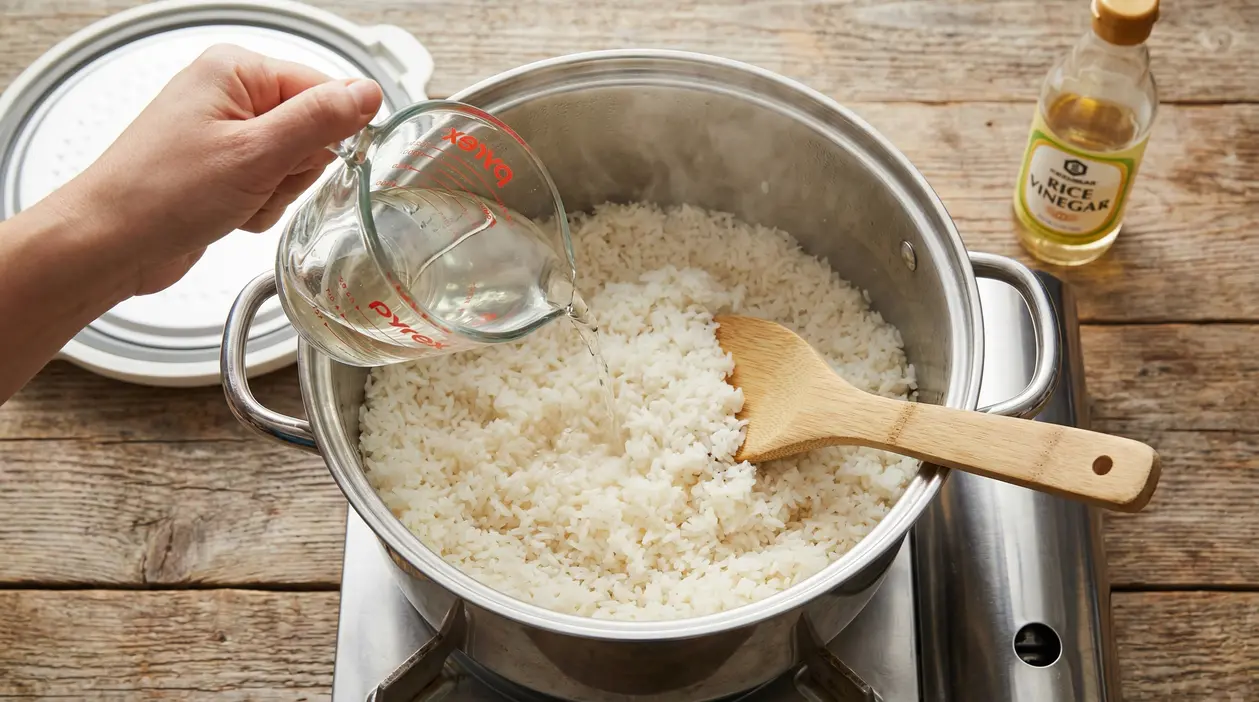 Mano che versa aceto in una pentola di riso cotto su un fornello