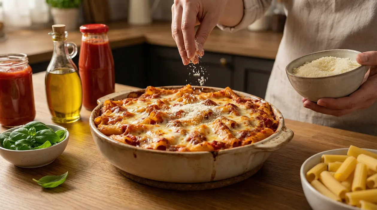 Una persona aggiunge formaggio grattugiato su una teglia di pasta al forno appena sfornata.