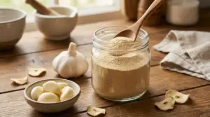 Barattolo di aglio in polvere fatto in casa su tavolo di legno, con spicchi d’aglio e fettine essiccate