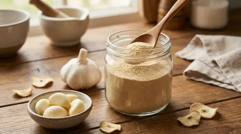 Barattolo di aglio in polvere fatto in casa su tavolo di legno, con spicchi d’aglio e fettine essiccate