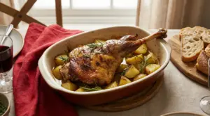 Cosciotto di agnello al forno con patate arrosto e rosmarino in teglia di ceramica, pronto da servire