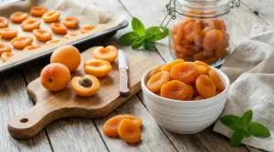 Albicocche secche in ciotola con albicocche fresche tagliate, teglia di essiccazione e barattolo su tavolo di legno