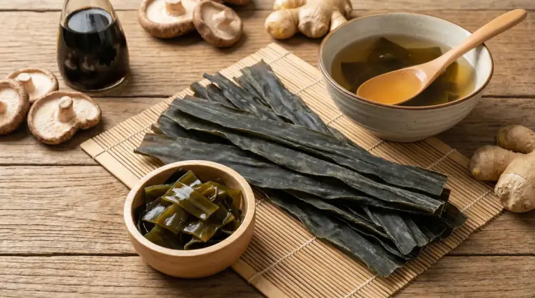 Alghe kombu essiccate e reidratate con ciotola di brodo, funghi shiitake, zenzero e salsa di soia su tavolo in legno