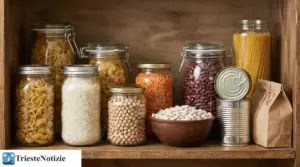 Dispensa con barattoli di vetro pieni di pasta, riso, legumi e una lattina, su uno scaffale di legno