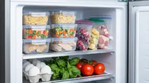 Alimenti conservati nel congelatore tra cui pasta, verdure, carne, uova, basilico e pomodori