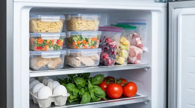 Alimenti conservati nel congelatore tra cui pasta, verdure, carne, uova, basilico e pomodori