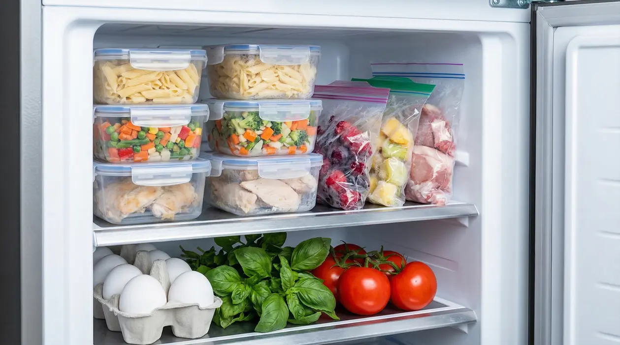 Alimenti conservati nel congelatore tra cui pasta, verdure, carne, uova, basilico e pomodori