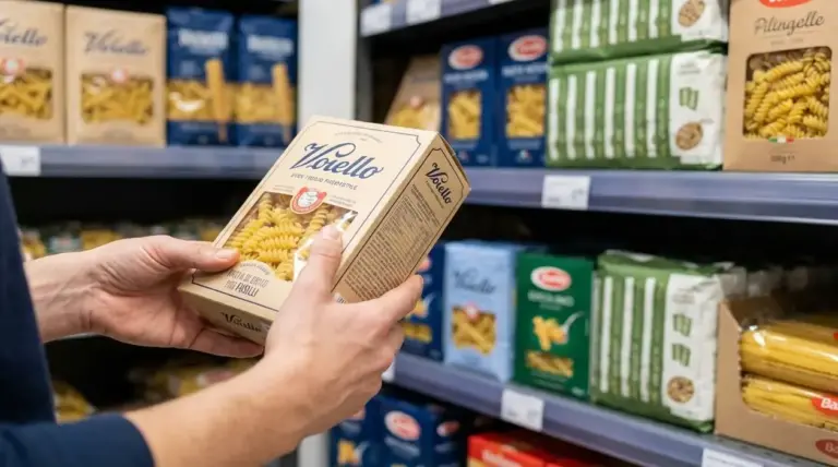 Persona che legge l’etichetta di una confezione di pasta nel reparto pasta del supermercato