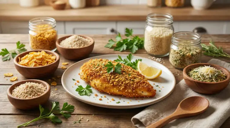 Petto di pollo impanato con alternative al pangrattato, accompagnato da ingredienti in ciotole sul tavolo