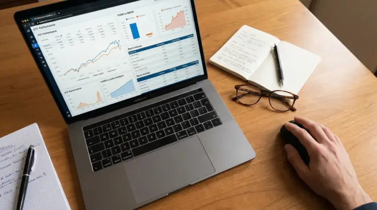 Una mano usa un laptop con grafici finanziari su ETF e fondi, accanto a occhiali e taccuini su un tavolo