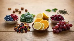 Frutta, verdura e frutta secca ricche di antiossidanti su un tavolo di legno