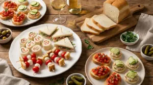 Antipasti freddi con pancarré su un tavolo: tramezzini, rollè, crostini e spiedini per una cena tra amici