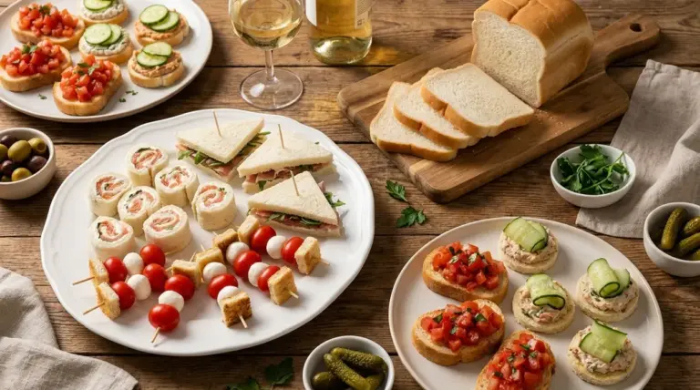 Antipasti freddi con pancarré su un tavolo: tramezzini, rollè, crostini e spiedini per una cena tra amici