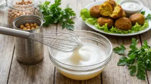 Ciotola con aquafaba montata accanto a ceci in barattolo e polpette vegetali su un tavolo di legno