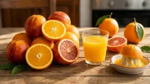 Arance Navel e Tarocco intere e tagliate con un bicchiere di spremuta su un tavolo di legno