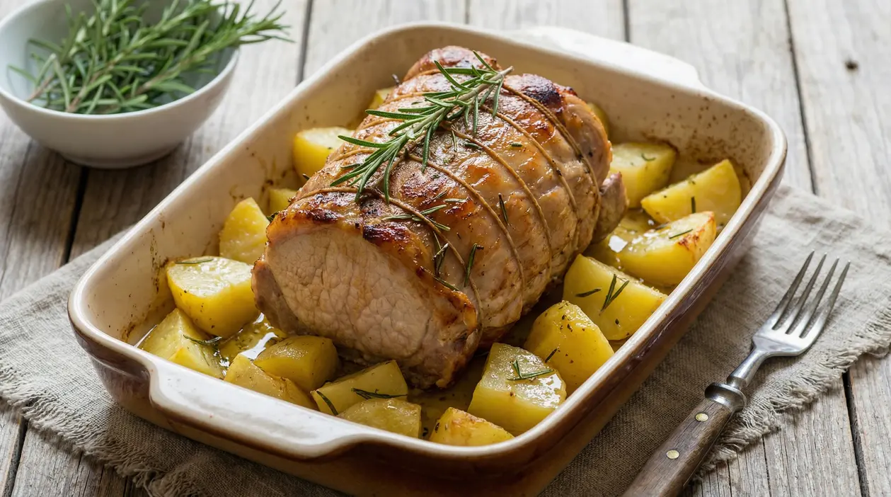 Arrosto di arista di maiale al forno con patate e rosmarino in teglia di ceramica