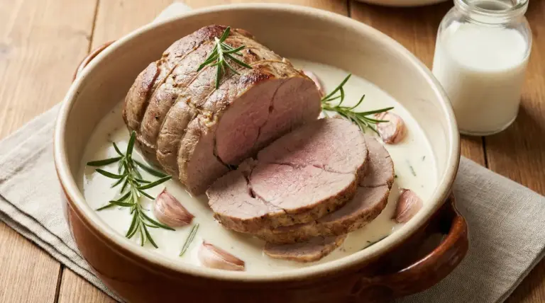 Arrosto di vitello al latte servito in una casseruola con aglio e rosmarino