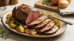 Arrosto di manzo affettato con patate e cipolle al forno su un piatto da portata