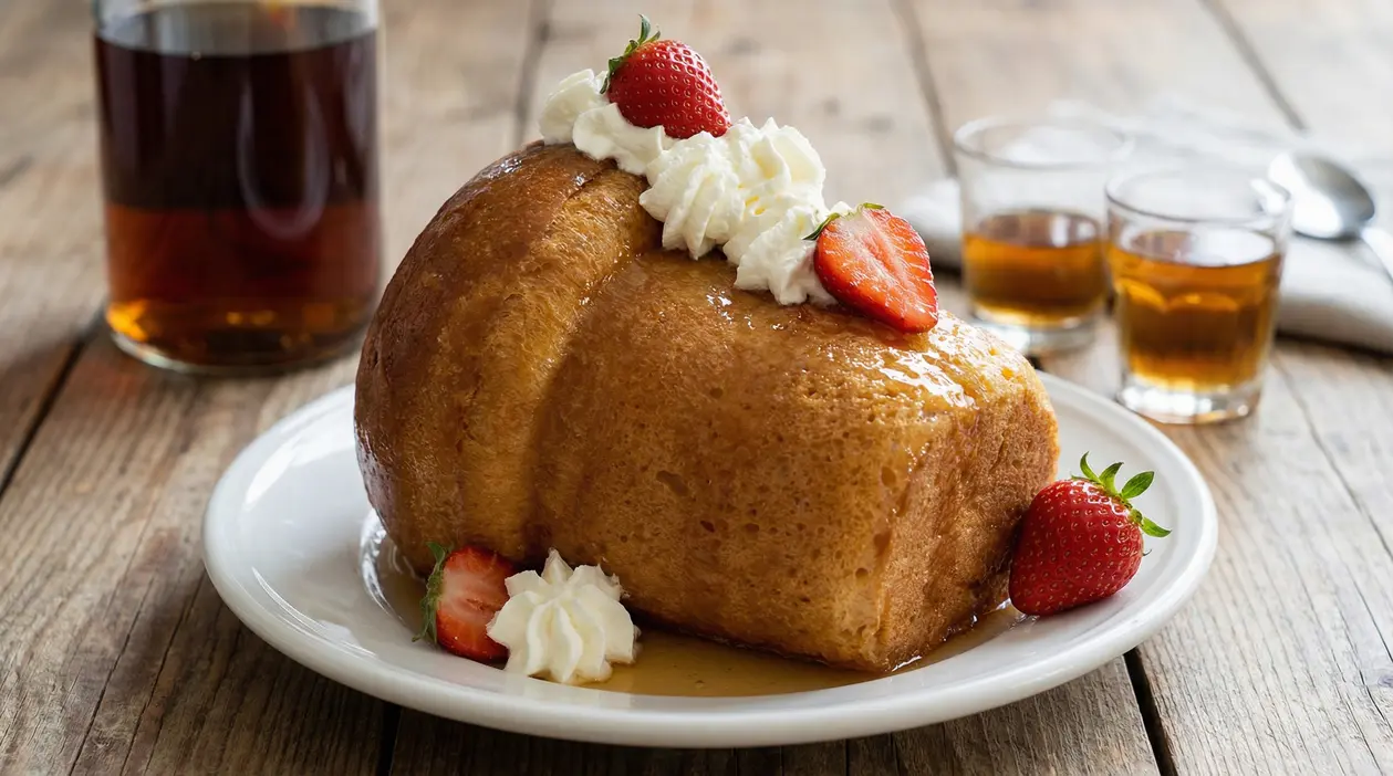 Babà napoletano alto e inzuppato decorato con panna montata e fragole fresche