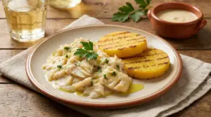 Piatto di baccalà alla vicentina servito con fette di polenta grigliata su un piatto rustico