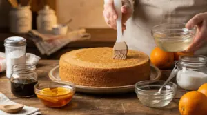 Una mano spennella una bagna su un Pan di Spagna circondato da ingredienti su un tavolo rustico