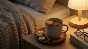 Tazza di bevanda calda con fettine di banana e cannella su comodino vicino al letto, con luce soffusa