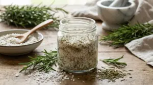 Barattolo di vetro con sale grosso e rosmarino su un tavolo di legno rustico