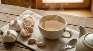 Tazza di tè all'aglio su un tavolo rustico con spicchi d'aglio a fianco