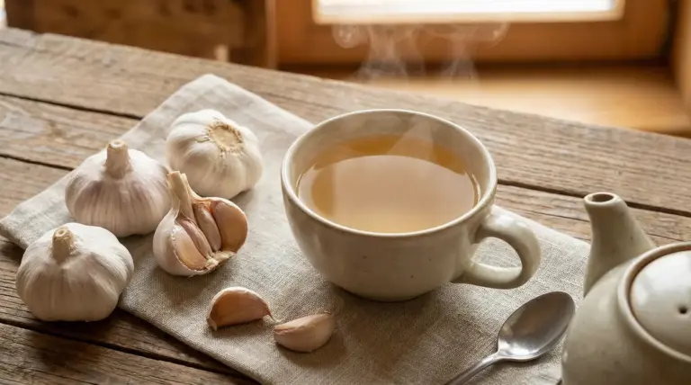 Tazza di tè all'aglio su un tavolo rustico con spicchi d'aglio a fianco