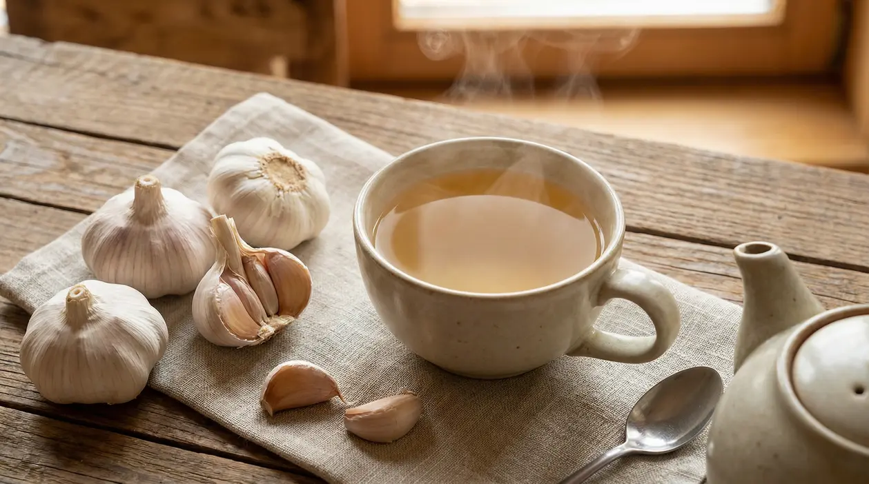 Tazza di tè all'aglio su un tavolo rustico con spicchi d'aglio a fianco