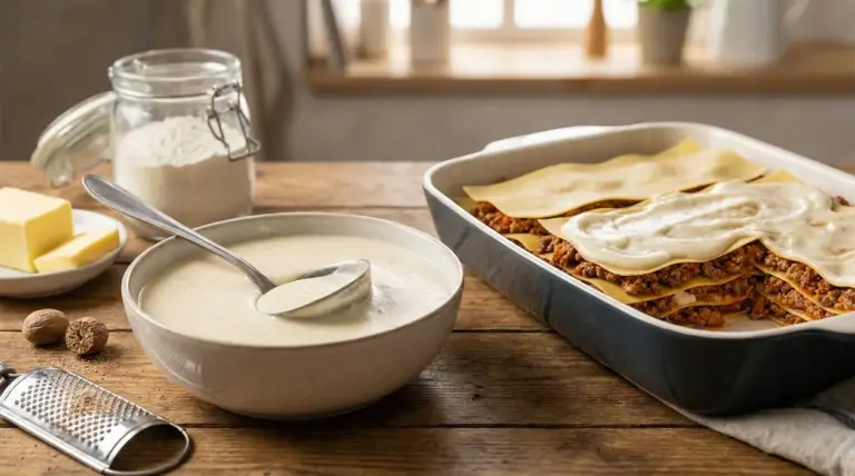 Ciotola di besciamella accanto a ingredienti e una teglia di lasagne in preparazione