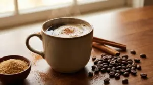 Tazza di caffè caldo con cannella, chicchi di caffè e zucchero grezzo su un tavolo di legno